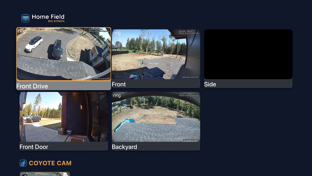 Home Field Big Screen on a TV: five Ring cameras live in a grid, labeled Front Drive, Front, Side, Front Door and Backyard, with a Coyote Cam shelf below