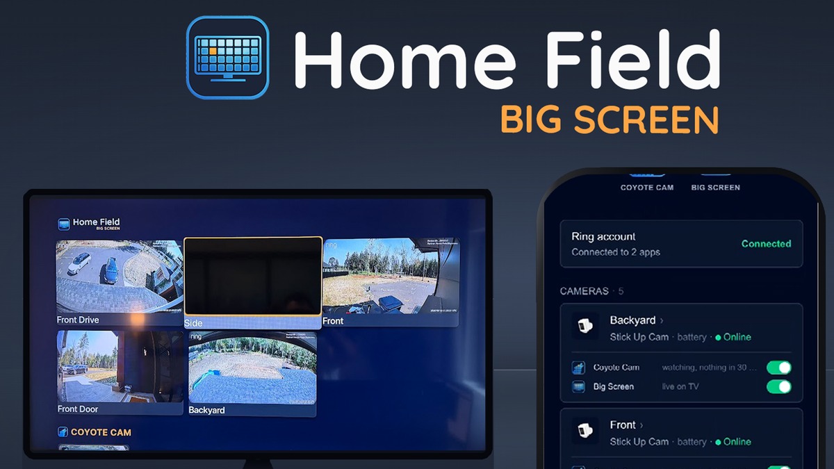 Home Field Big Screen running on a television next to the phone app, which lists each camera with its Coyote Cam and Big Screen toggles