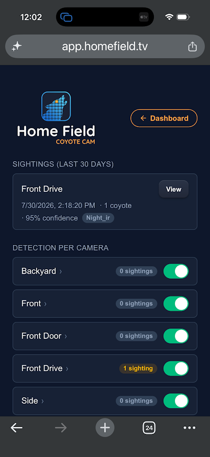 Coyote Cam dashboard listing recent sightings and detection toggles per camera