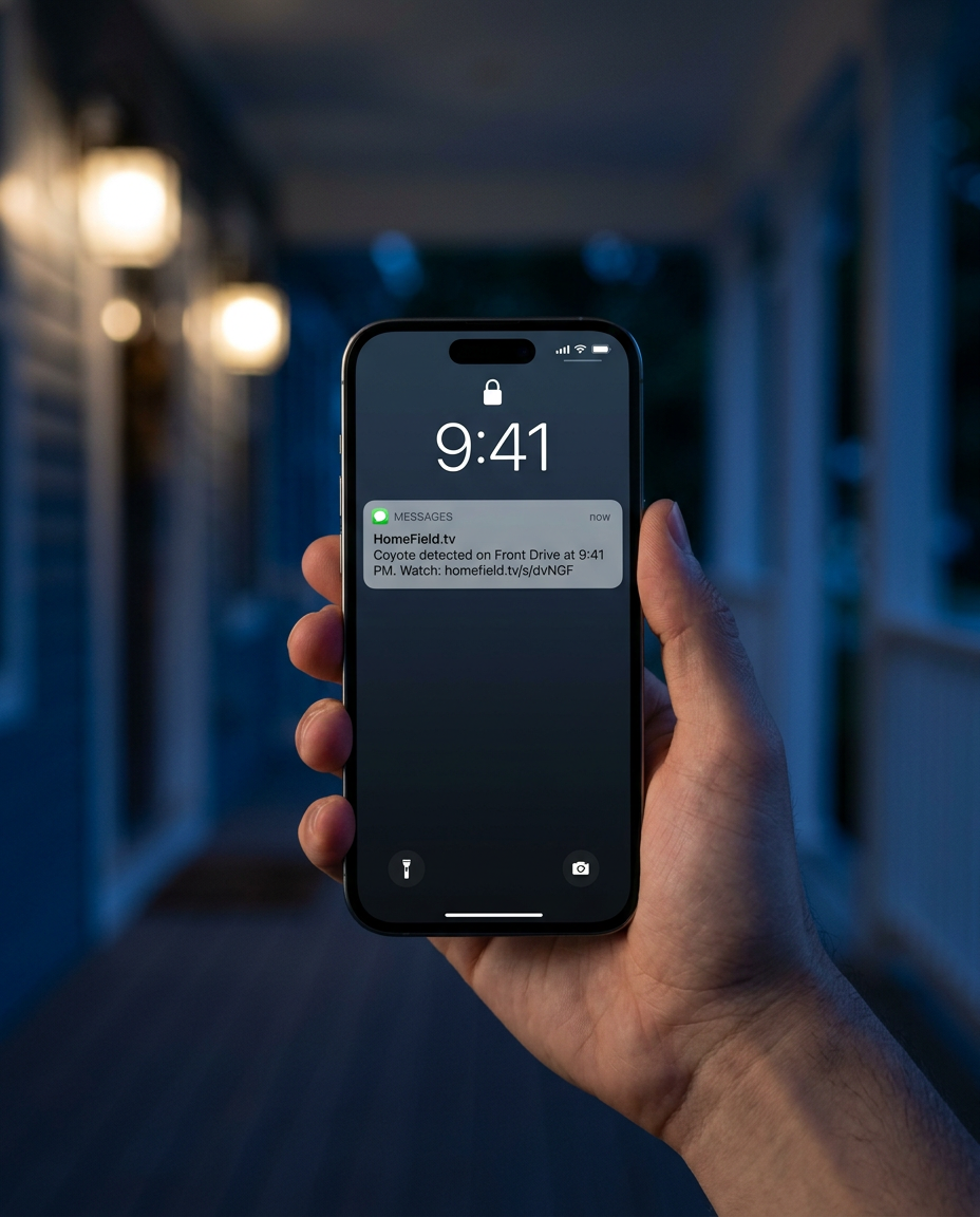 A phone on a porch at night showing a Home Field text: coyote detected on Front Drive