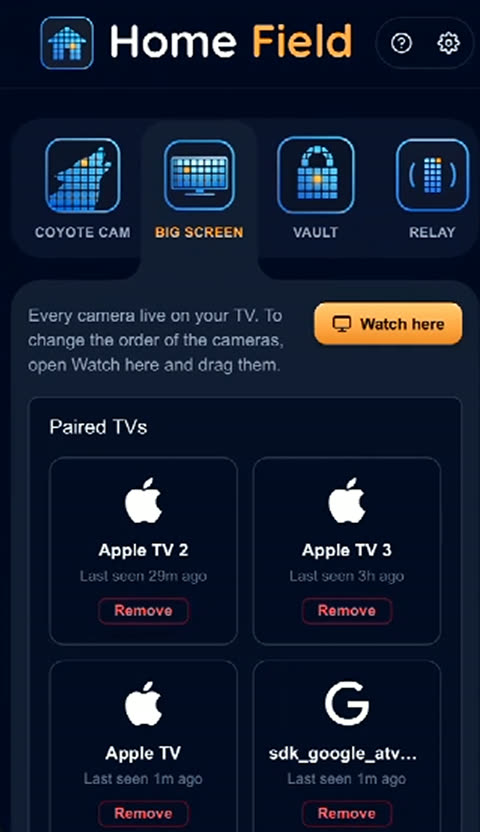 The list of paired TVs, each with a button to remove it