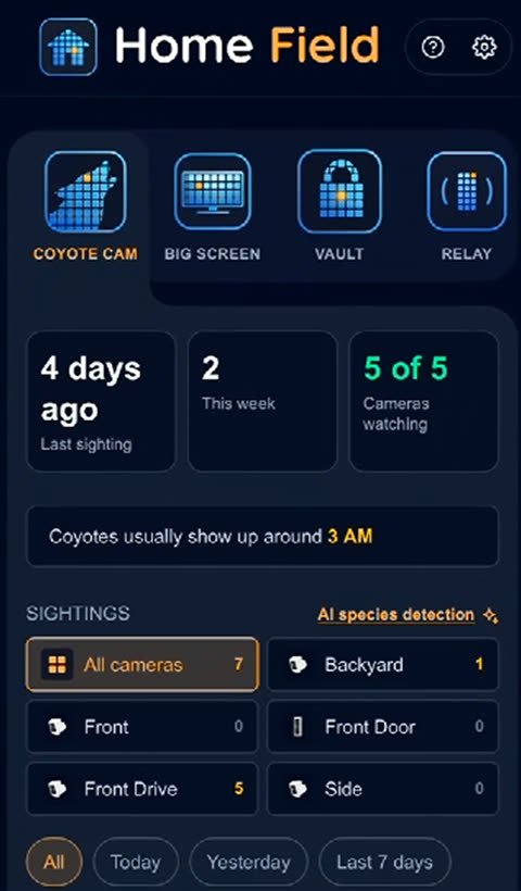 Coyote Cam dashboard with the last sighting, sightings this week, and cameras watching