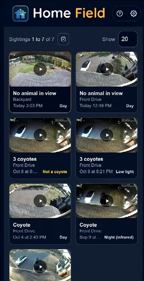 A grid of sightings, each with the animal, camera, time, and clip
