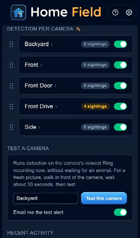 Detection turned on for each camera, with a button to test a camera