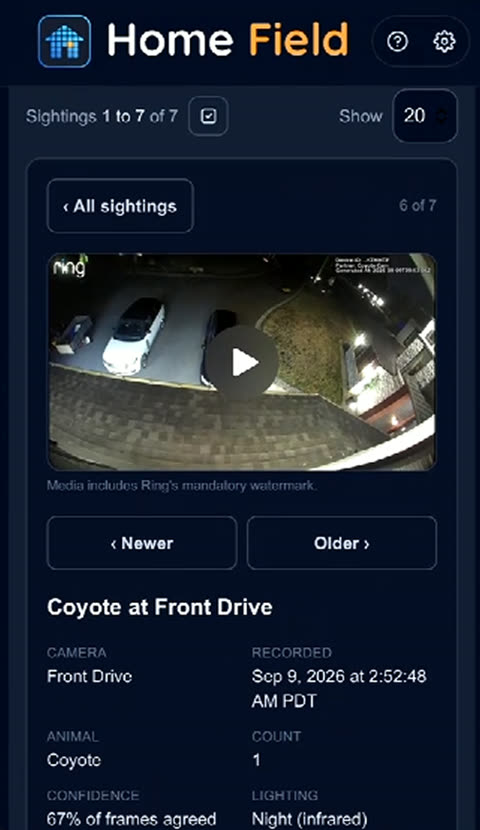 One sighting: a coyote on Front Drive, with the clip, time, and confidence