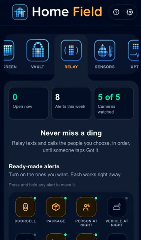 Relay dashboard with alerts this week and ready-made alerts to turn on