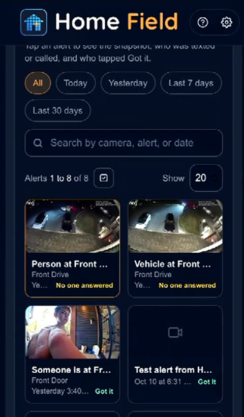 The alert log, with a snapshot of each alert and who tapped Got it