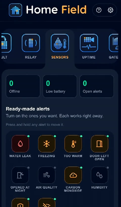 Sensors dashboard with ready-made alerts for leaks, freezing, and doors left open