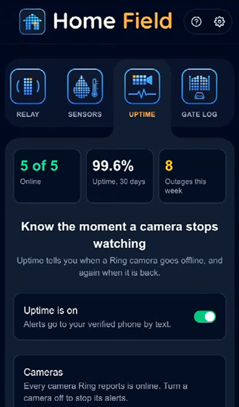 Uptime dashboard: five of five cameras online and 99.6% uptime over 30 days