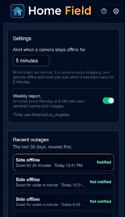 Uptime settings: how long to wait before an alert, the weekly report, and recent outages