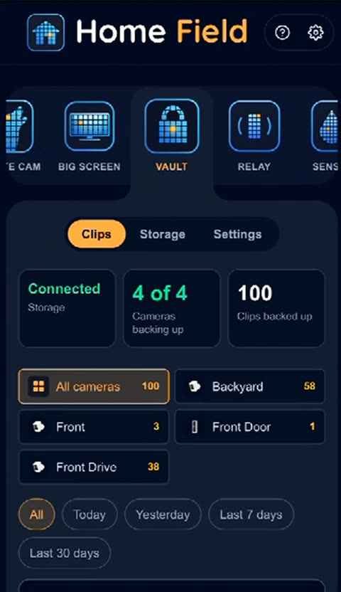 Vault dashboard: four of four cameras backing up and 100 clips saved