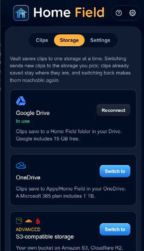 Vault storage settings with a choice of cloud storage