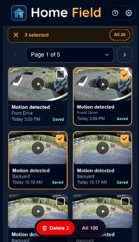 Saved clips in a grid, each marked Saved, with a few selected
