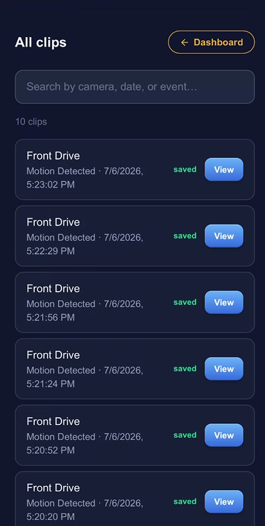 The Vault clip log listing archived clips by camera and time