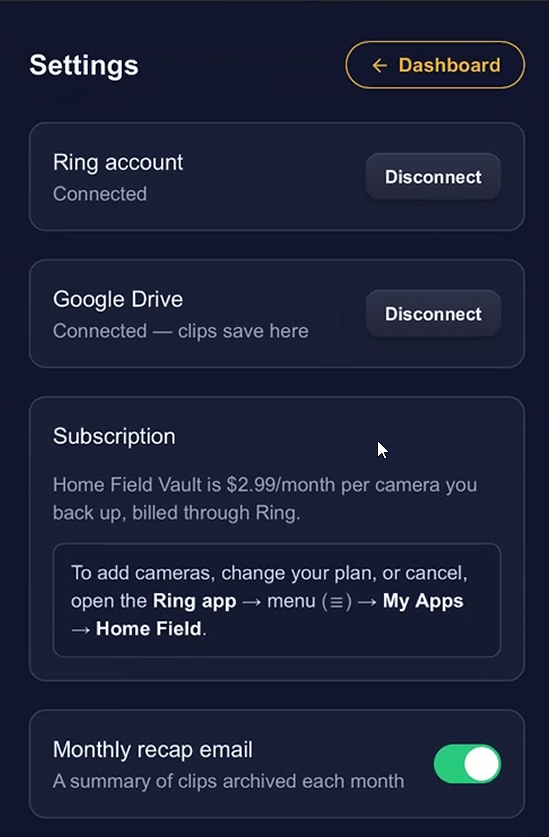 Vault settings showing Ring account, Google Drive, subscription and monthly recap email